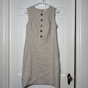 Calvin Klein Beige Pinstripe Sheath Dress Button Front Linen Blend Size 8